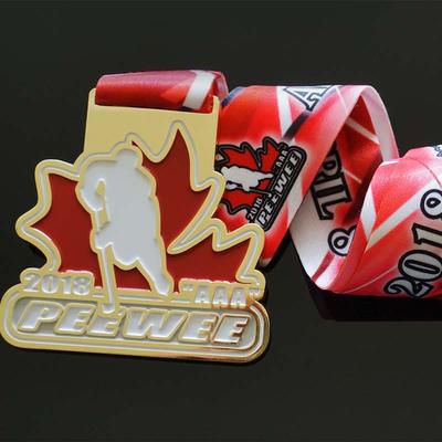 Die Casting Soft Enamel Sports Events Hockey And 5K Marathon Medals, Sublimated Ribbon